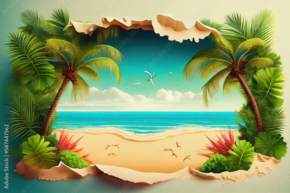 sandy beach with palms and turquoise sea. Generative Ai
