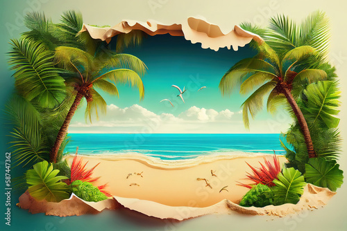 sandy beach with palms and turquoise sea. Generative Ai