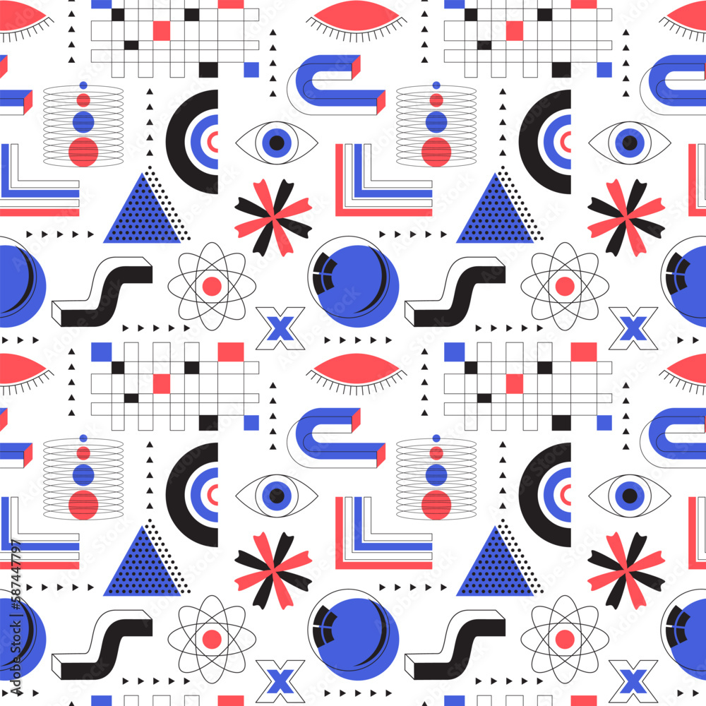 Seamless pattern with abstract geometric elements and bold shapes. Brutalism, retro futurism style inspired. Circles, wave, grid, arrow. Backdrop for web, posters, covers. Vector background on white