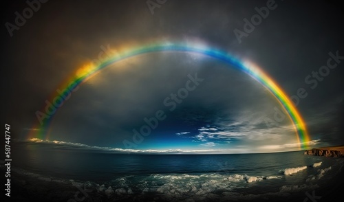  a double rainbow over a body of water under a cloudy sky.  generative ai © Olga