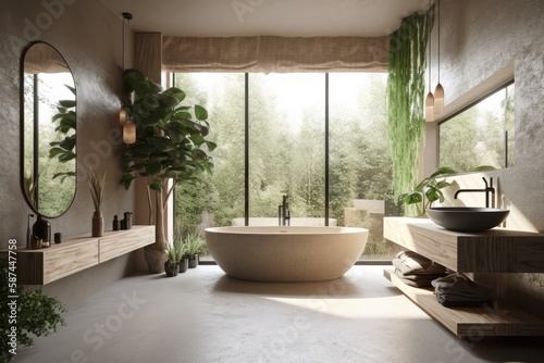 Urban jungle design. Vertical image of warm full furnished bathroom with green plants and natural organic design components, white bathtub near panoramic window on pebble floor. Generative AI © AkuAku