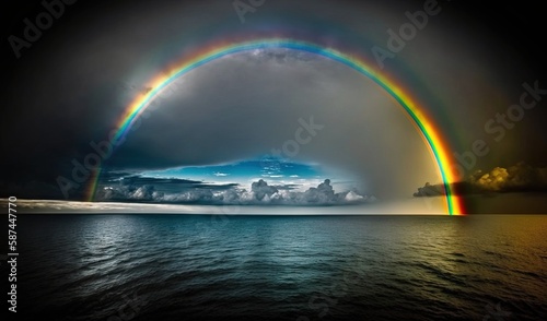  a rainbow is shining in the sky over the ocean with clouds.  generative ai