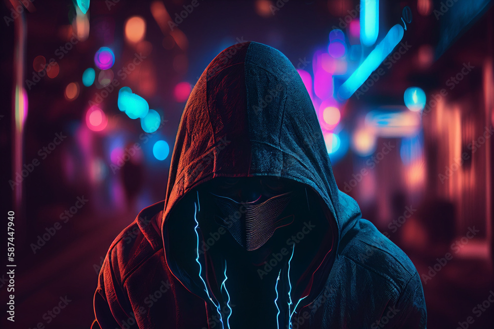 Hooded hacker in a dark with neon lights. 3d rendering generative ai Hooded hacker in a dark with neon lights. 3d rendering generative ai