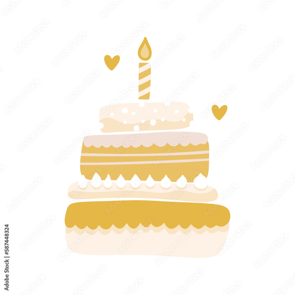 Birthday cake with a candle, vector party baby kids simple flat dessert doodle illustration Birthday cake with a candle, vector party baby kids simple flat dessert doodle illustration