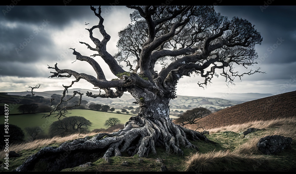 Obraz premium a very old tree in the middle of a grassy field. generative ai