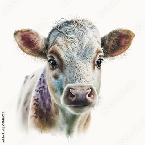baby cow illustration with light watercolor on white background, minimalist animal painting, light watercolor artwork, unique wall décor, ai art. generative ai