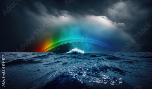  a rainbow colored sky over a body of water with a wave.  generative ai © Olga
