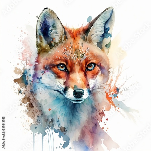 fox illustration with light watercolor on white background, minimalist animal painting, light watercolor artwork, unique wall décor, ai art. generative ai © ShadowHero