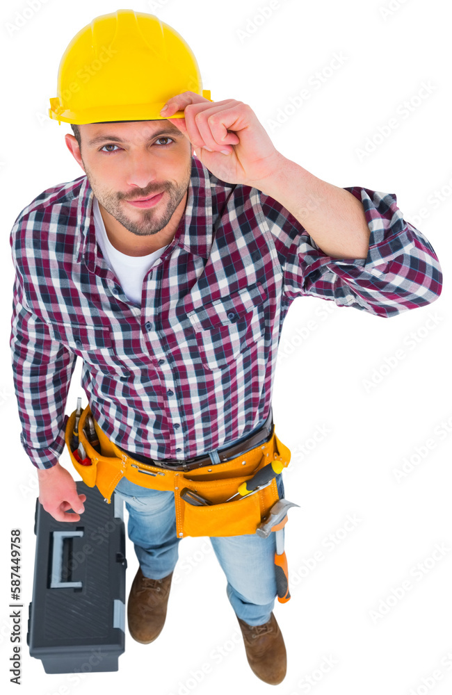 Smiling handyman with tool box 