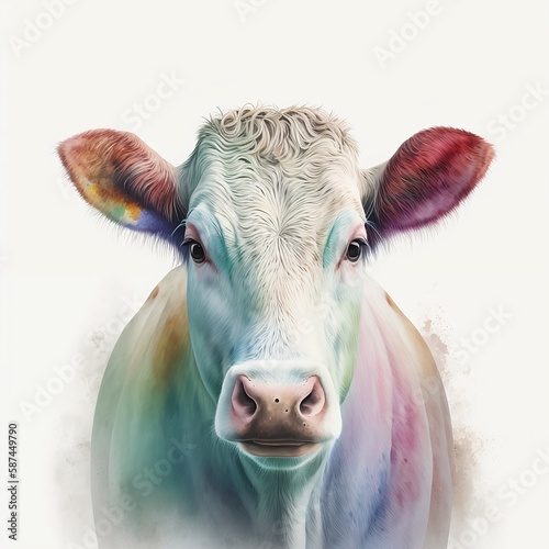 cow illustration with light watercolor on white background, minimalist animal painting, light watercolor artwork, unique wall décor, ai art. generative ai