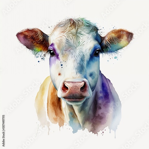 cow illustration with light watercolor on white background, minimalist animal painting, light watercolor artwork, unique wall décor, ai art. generative ai