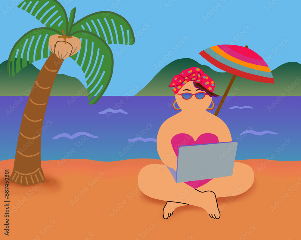 Digital nomad. A young woman working on laptop computer on beach holiday.