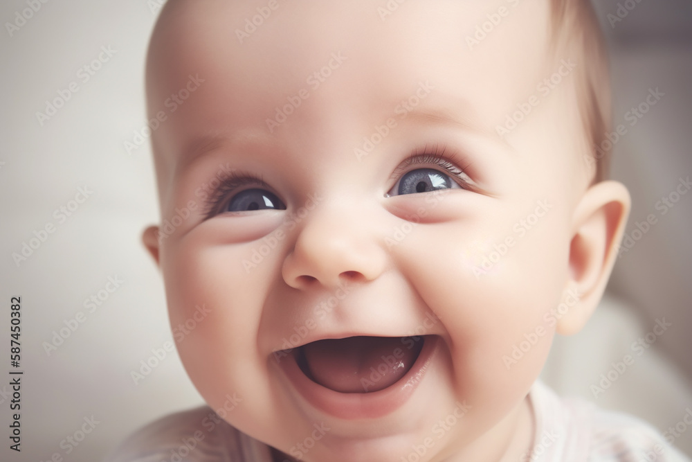 Cute sweet little baby laughing closeup. Generative AI