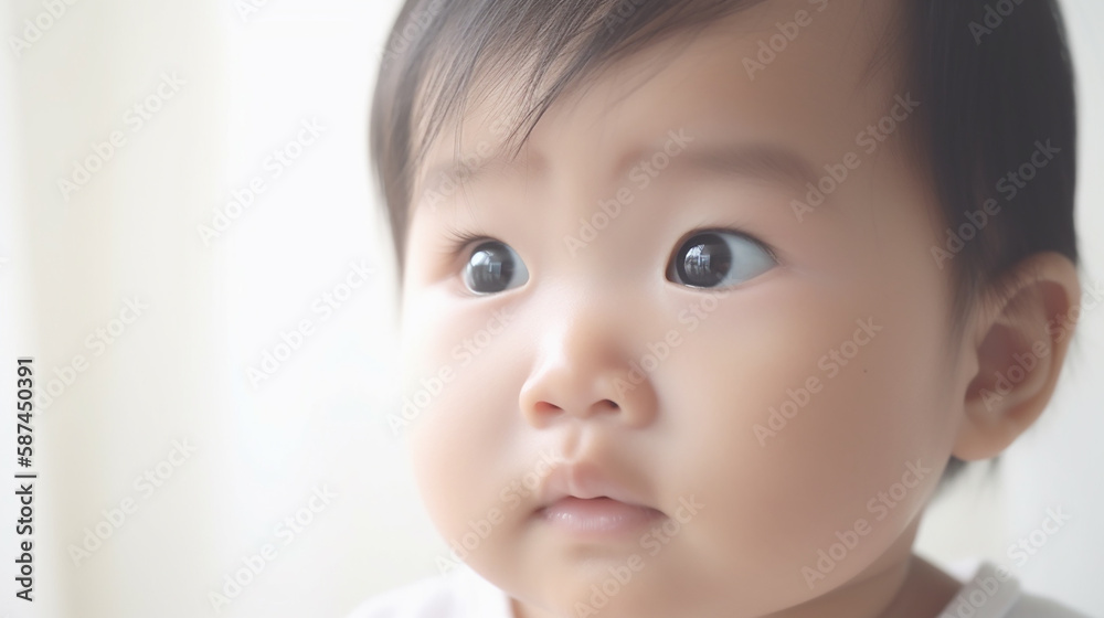 Cute sweet little asian baby, space for text. Generative AI