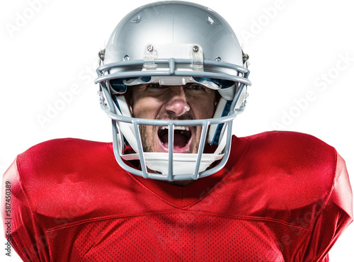 Aggressive American football player in red jersey screaming