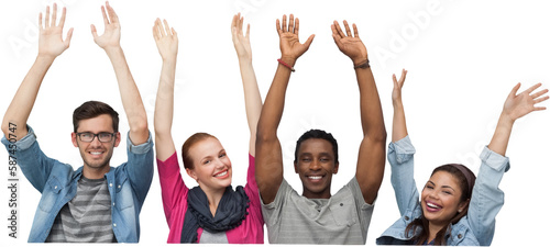 Portrait of four young friends raising hands