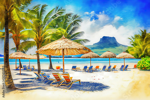 Beautiful sandy beach with Le Morne Brabant mountain on the south of Mauritius island. Generative Ai