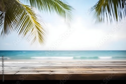 Top of wood table with seascape and palm leaves. blurred blue sky and sea with bokeh light and old wooden table background. Generative Ai