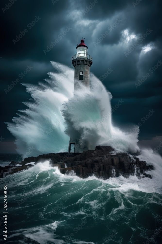 An epic picture of a lighthouse on a rock in the middle of a stormy sea, surrounded by high waves and a dramatic cloudy night sky, created with generative A.I. technology.