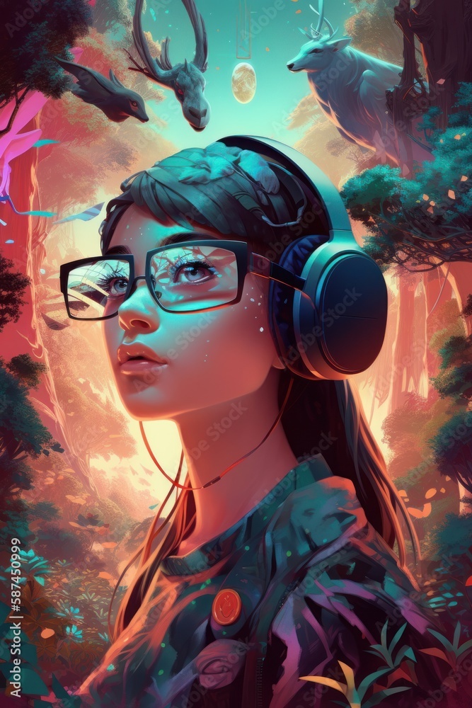 A digital art of a teenage girl wearing AR glasses, immersed in a virtual and holographic environment of a fantasy landscape, created with generative A.I. technology. A digital art of a teenage girl wearing AR glasses, immersed in a virtual and holographic environment of a fantasy landscape, created with generative A.I. technology.