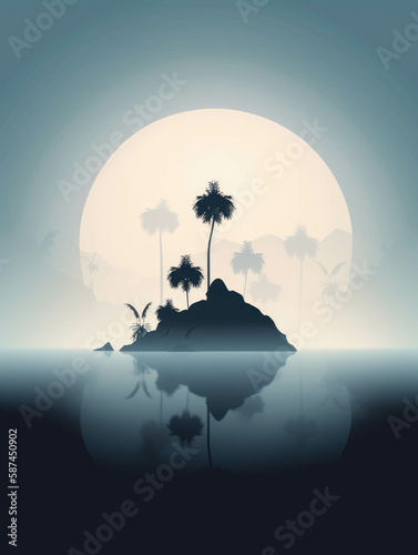 The foggy silhouette of a distant tropical island.. AI generation.