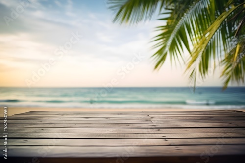 Top of wood table with seascape and palm leaves. blurred blue sky and sea with bokeh light and old wooden table background. Generative Ai © iamfrk7