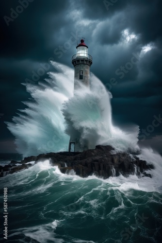 An epic picture of a lighthouse on a rock in the middle of a stormy sea  surrounded by high waves and a dramatic cloudy night sky  created with generative A.I. technology.