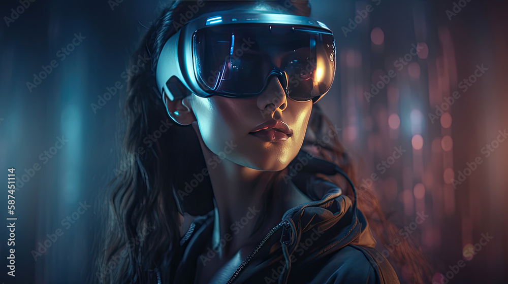 Modern futuristic woman wearing virtual reality goggles. Generative AI Modern futuristic woman wearing virtual reality goggles. Generative AI