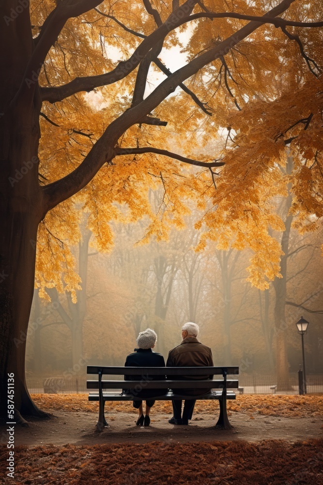 Old couple sitting on a park bench in autumn, seen from behind, created with generative A.I. technology.