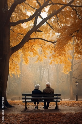 Old couple sitting on a park bench in autumn, seen from behind, created with generative A.I. technology.