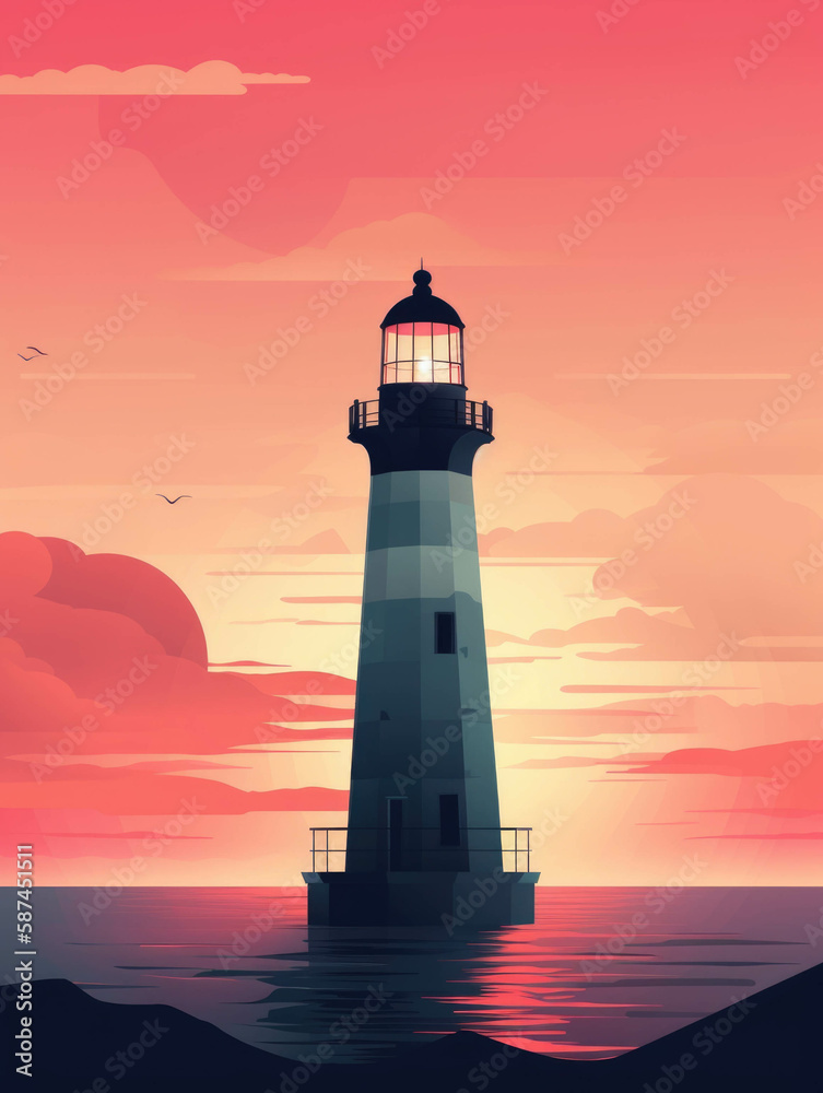 A lighthouse beacon glowing in the fading sunset.. AI generation.