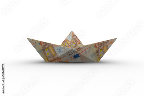 Origami paper boat made from fifty euro