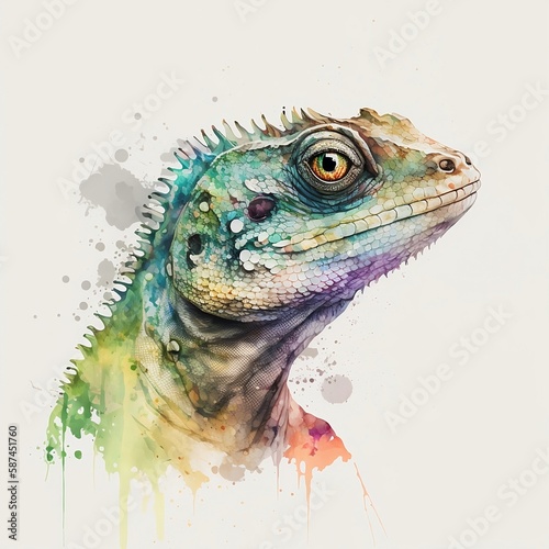 lizard illustration with light watercolor on white background, minimalist animal painting, light watercolor artwork, unique wall décor, ai art. generative ai