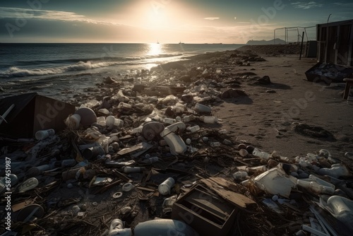 A powerful photo of a polluted beach, showcasing the devastating impact of plastic pollution on our natural world.