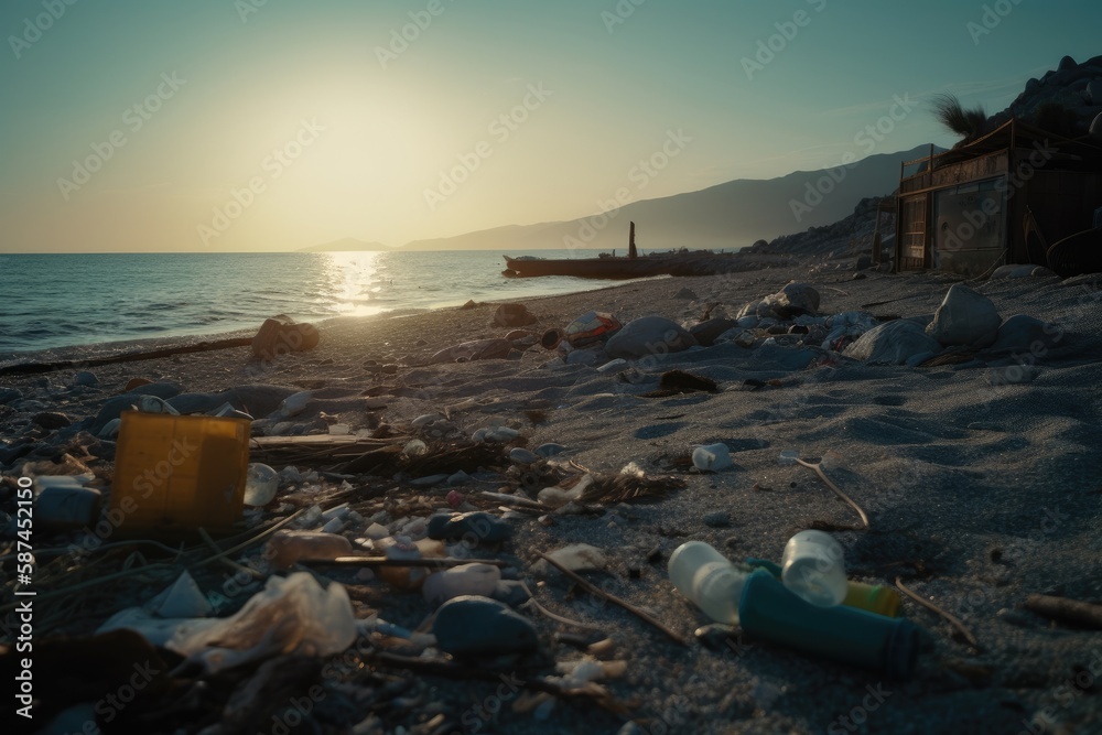 A heartbeaking image of a polluted beach, emphasizing the need for individuals and governments to take responsibility for reducing plastic waste and cleaning up our oceans.