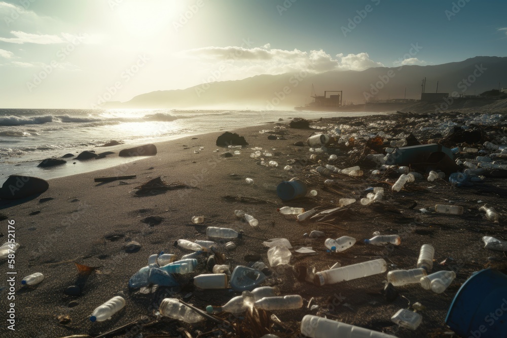 A striking photo of a polluted beach, with the emphasis on the overwhelming amount of plastic waste that is polluting our oceans. 
