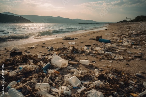 A striking photo of a polluted beach, with the emphasis on the overwhelming amount of plastic waste that is polluting our oceans. 