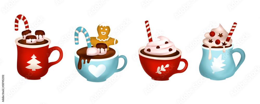Christmas sweet coffee cocoa drink cartoon vector tasty hot beverage set