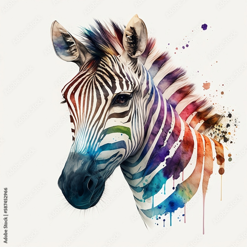 zebra illustration with light watercolor on white background, minimalist animal painting, light watercolor artwork, unique wall décor, ai art. generative ai