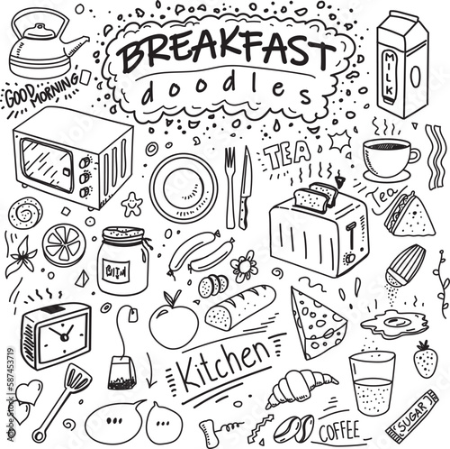 Hand drawn breakfast doodles, vector icons set, food, drink and kitchen devices and accessories