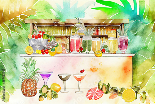 watercolor illustration composition for the design and decoration of menus bars. Generative Ai photo