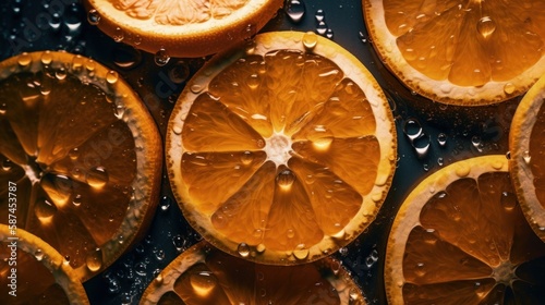 Slices oranges with drops of water