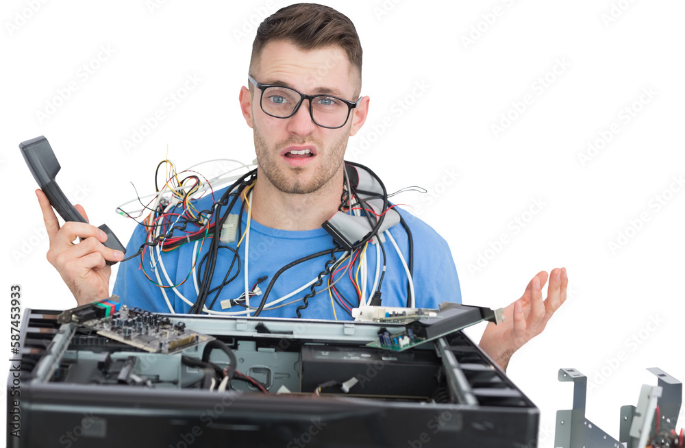 Confused it professional with cables and phone in front of open cpu Confused it professional with cables and phone in front of open cpu