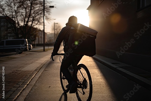 An inspiring photo of a man delivering food on a bicycle, emphasizing the health and environmental benefits of this eco-friendly mode of transport.