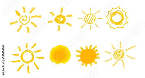 set 8 sun simple yellow orange vector hand draw crayon effect