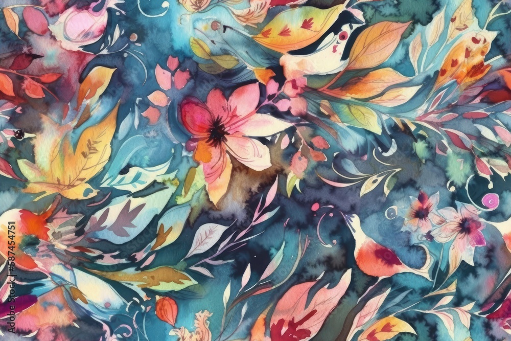 colorful flowers and leaves on a vibrant blue background. Generative AI colorful flowers and leaves on a vibrant blue background. Generative AI