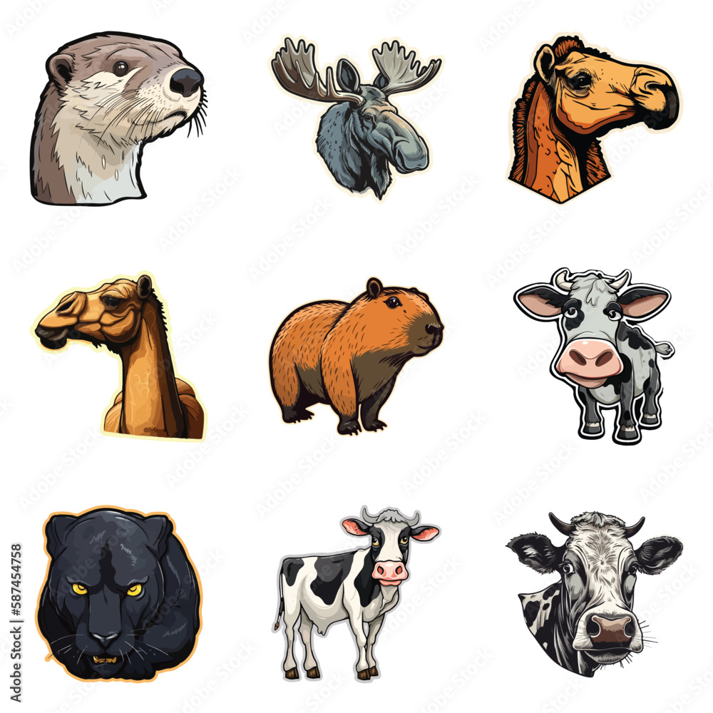 Fototapeta premium Animals Flat Icon Set Isolated On White Background