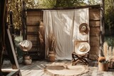 Wooden photo area with rustic outdoor backdrop. White curtained bohemian terrace empty. Rural decor dry straw plant beside wicker furniture. Generative AI