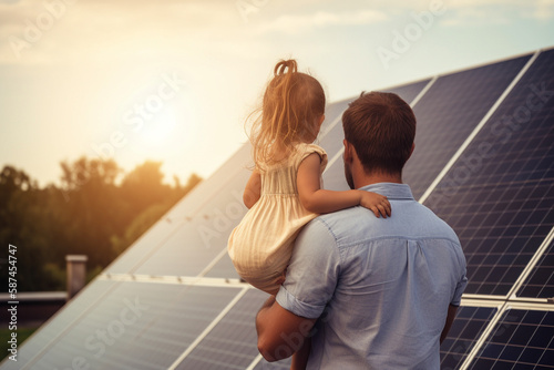 Rear view of dad holding her little girl in arms and showing solar panels photo