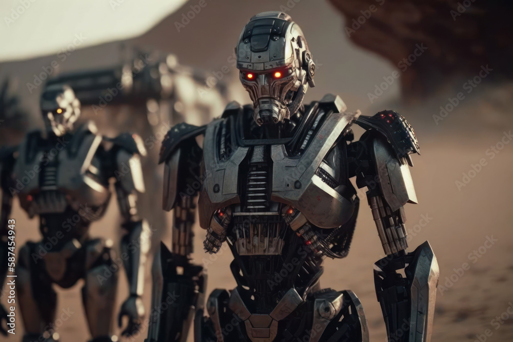 Army of metal cyborg robots, selective focus. AI generated, human enhanced. Army of metal cyborg robots, selective focus. AI generated, human enhanced.